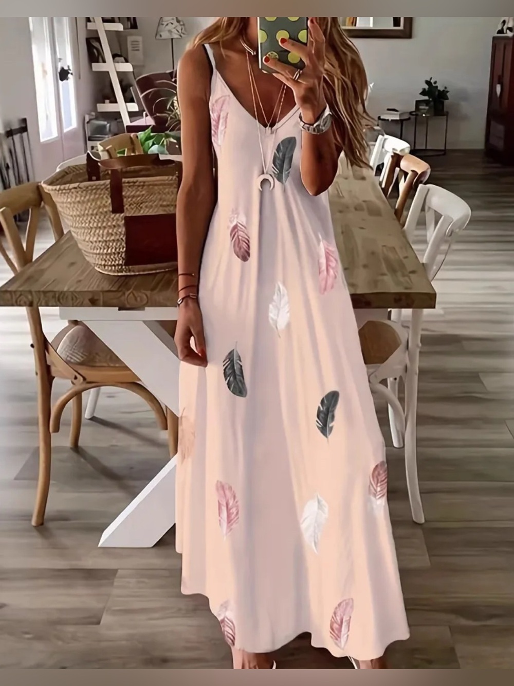 Women's Pink Feather Print Maxi Dress - Casual Summer Slip Dress